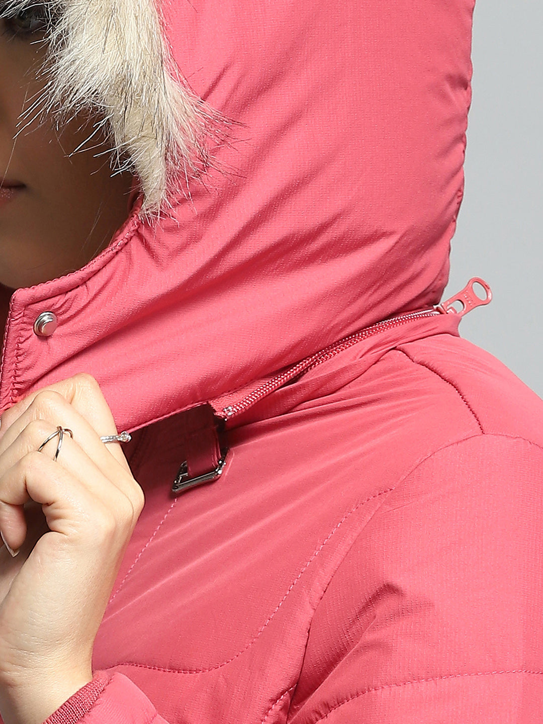 Women Pink Self Design Detachable Hood Full Sleeve Jacket