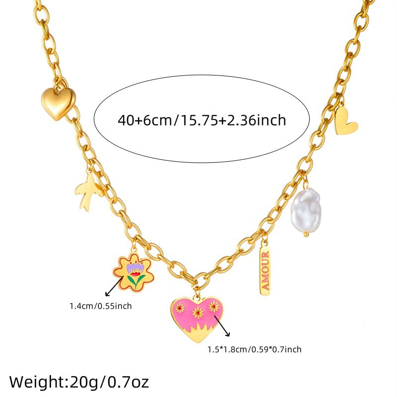Fashion Cartoon Cute Painted Oil Drop Love Flower Bird Pearl Pendant Chain Stainless Steel Necklace