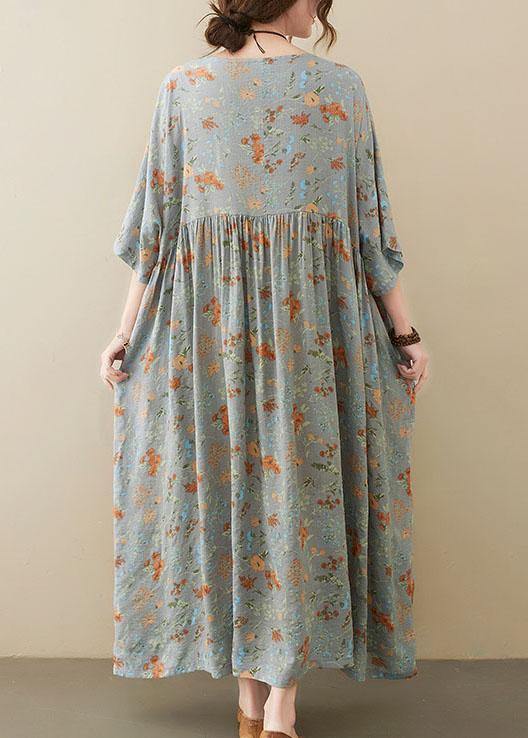 Elegant Grey O-Neck Patchwork Print Half Sleeve Summer Long Dress