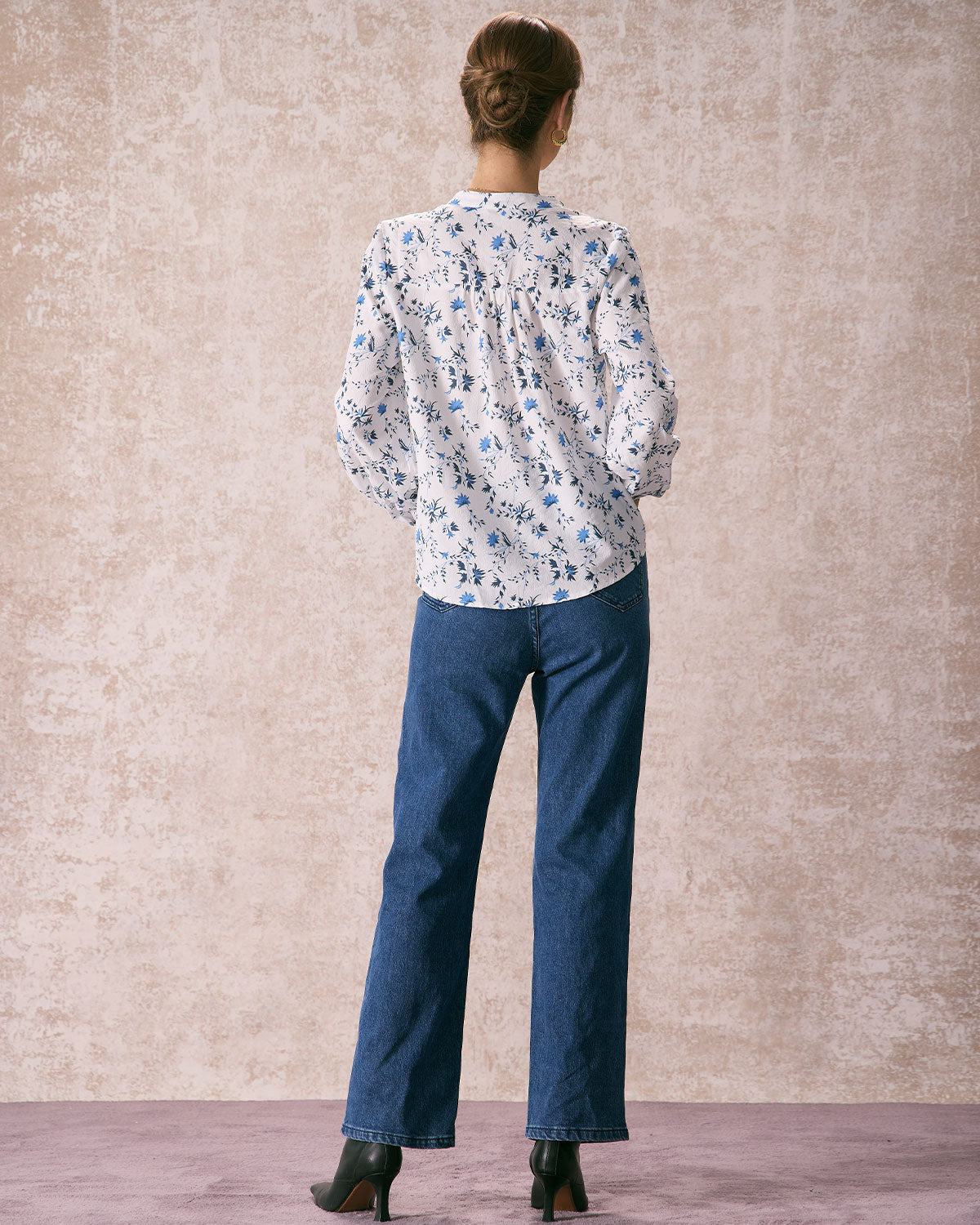 The White Mock Neck Leaf Print Button Shirt