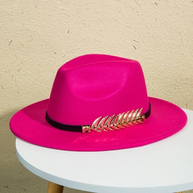 Unisex Retro Classic Style Leaves Solid Color Belt Buckle Wide Eaves Fedora Hat