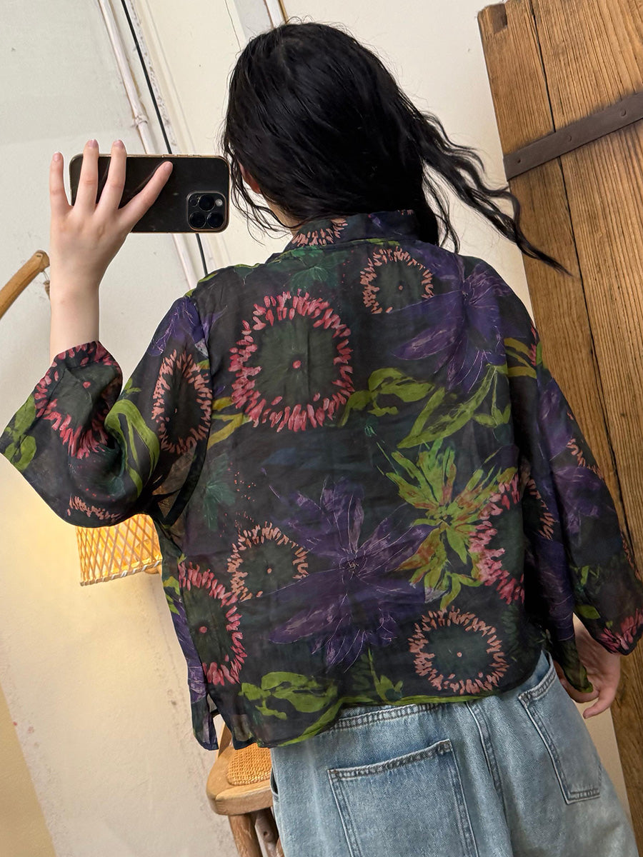 Women Summer Retro Flower Stand Collar Ramie Shirt