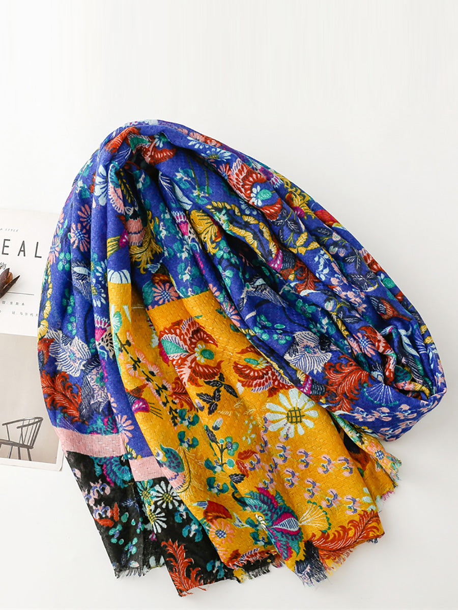 Women Vintage Colorblock Flower Shawl Scarf