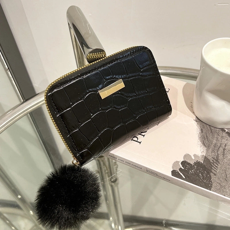 Women's Crocodile Pu Leather Fluff Ball Zipper Wallets