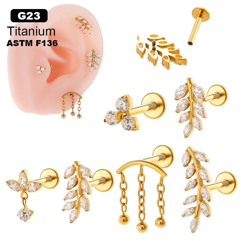 1 Piece Ear Cartilage Rings & Studs Minimalist Classic Style Leaves Chain Pure Titanium Inlay Zircon Ear Cartilage Rings & Studs
