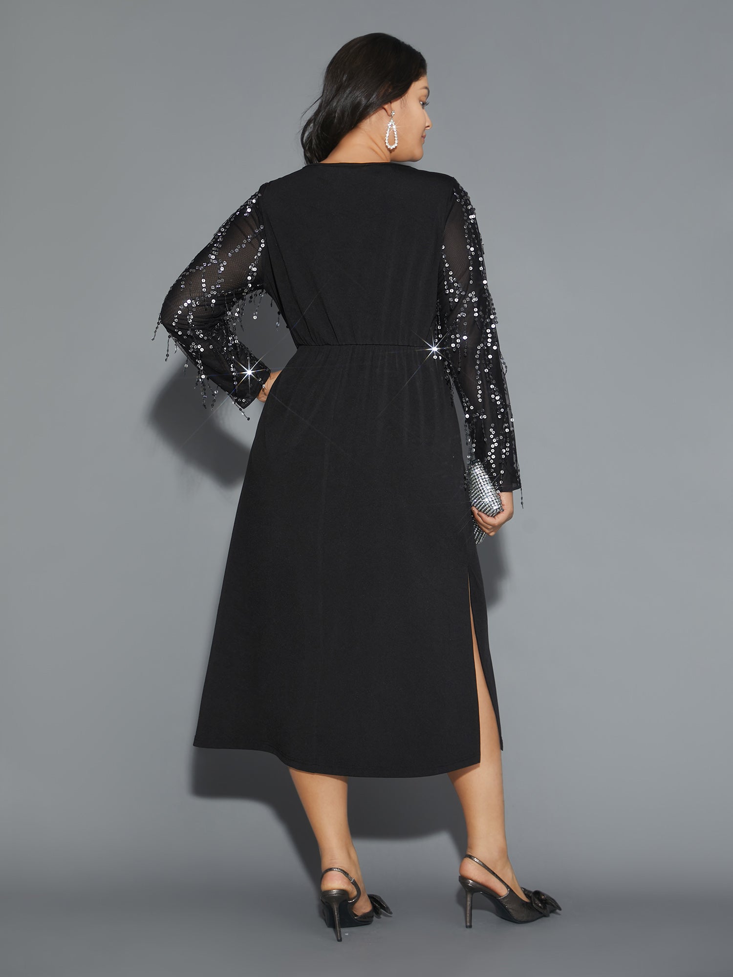 Sequin Patchwork Mesh Split Hem Dress