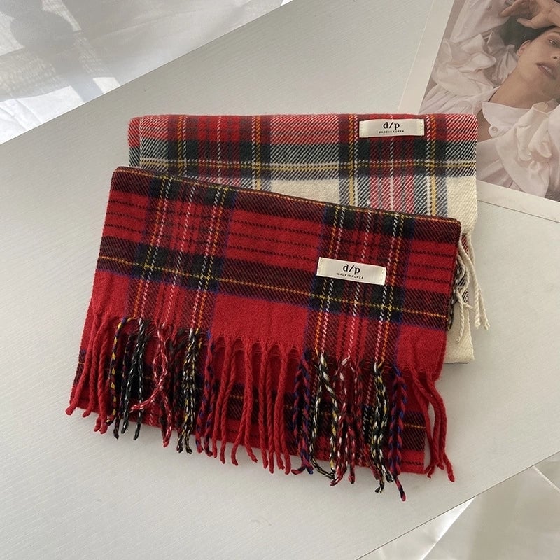 Red Plaid Scarf Autumn And Winter Short Casual Plaid Cashmere Scarf For Women