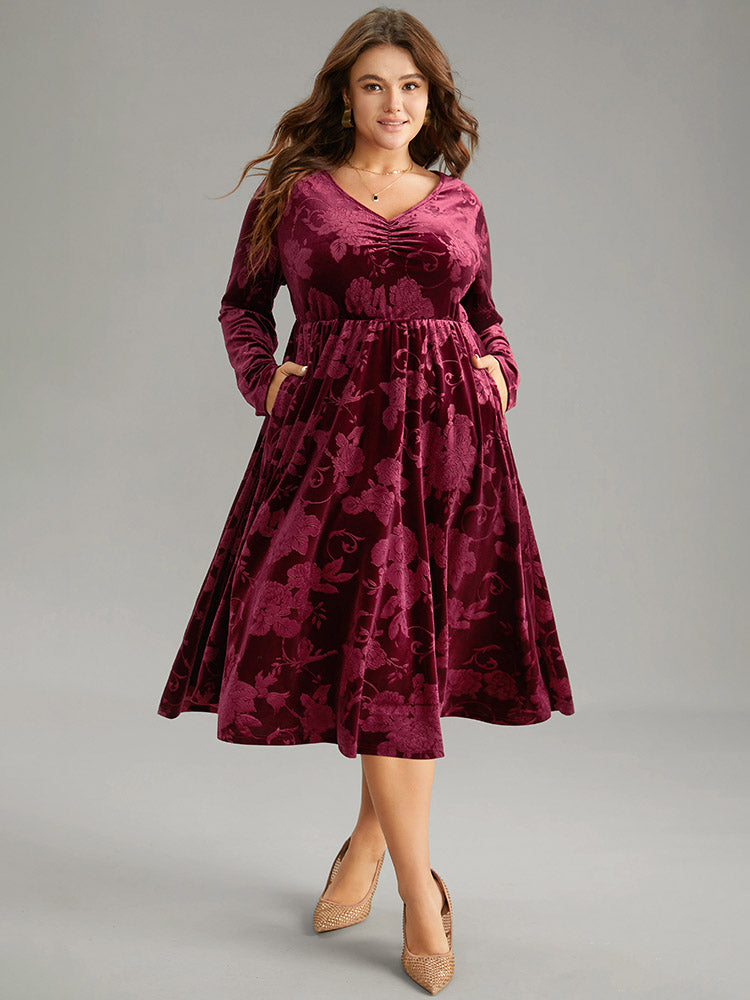Velvet Jacquard Elastic Waist Ruched Dress