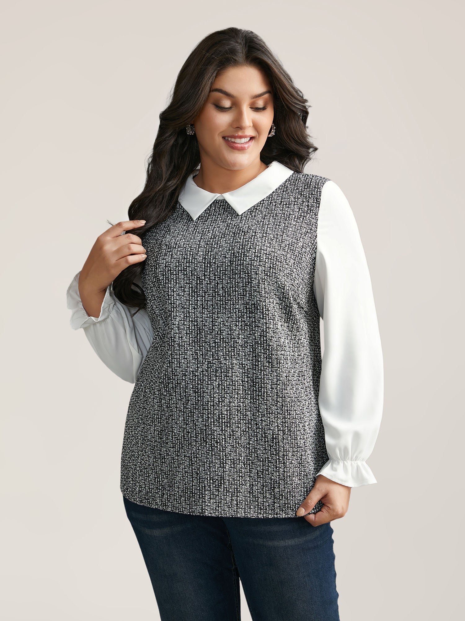 Tweed Patchwork Lantern Sleeve Blouse