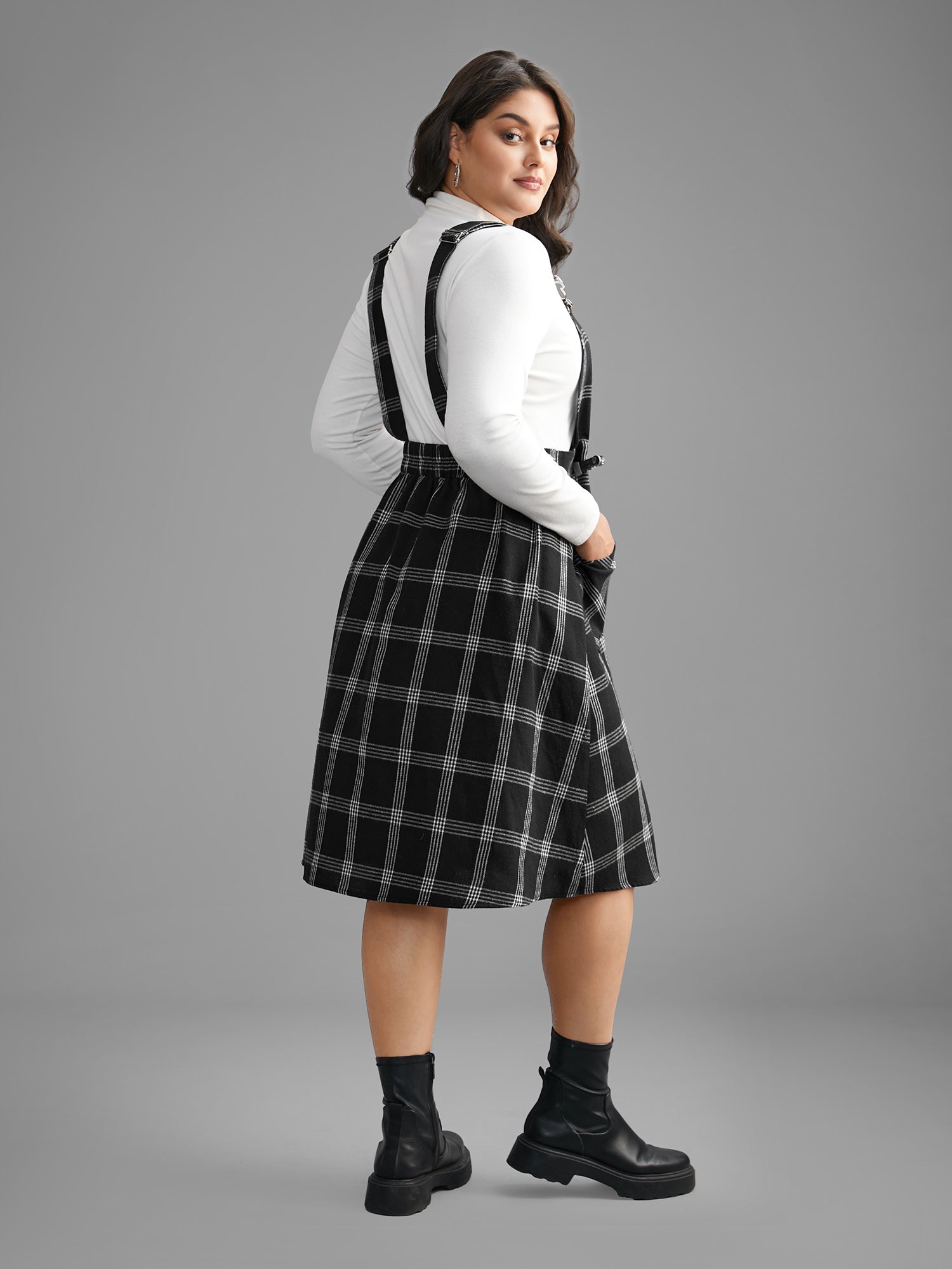 Plaid Square Neck Patched Pocket Dress