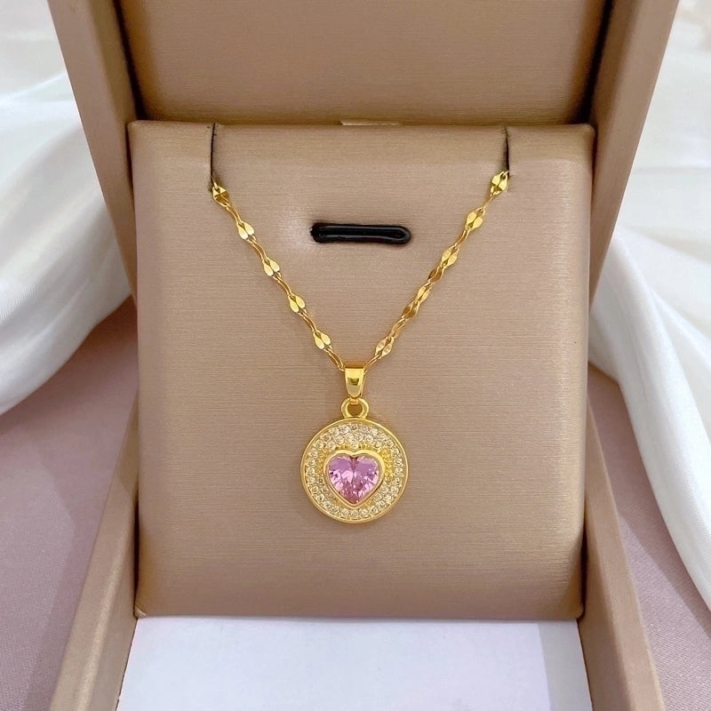 2 Pieces Fashion Heart Shape Butterfly Titanium Steel Copper Inlay Artificial Diamond Pendant Necklace