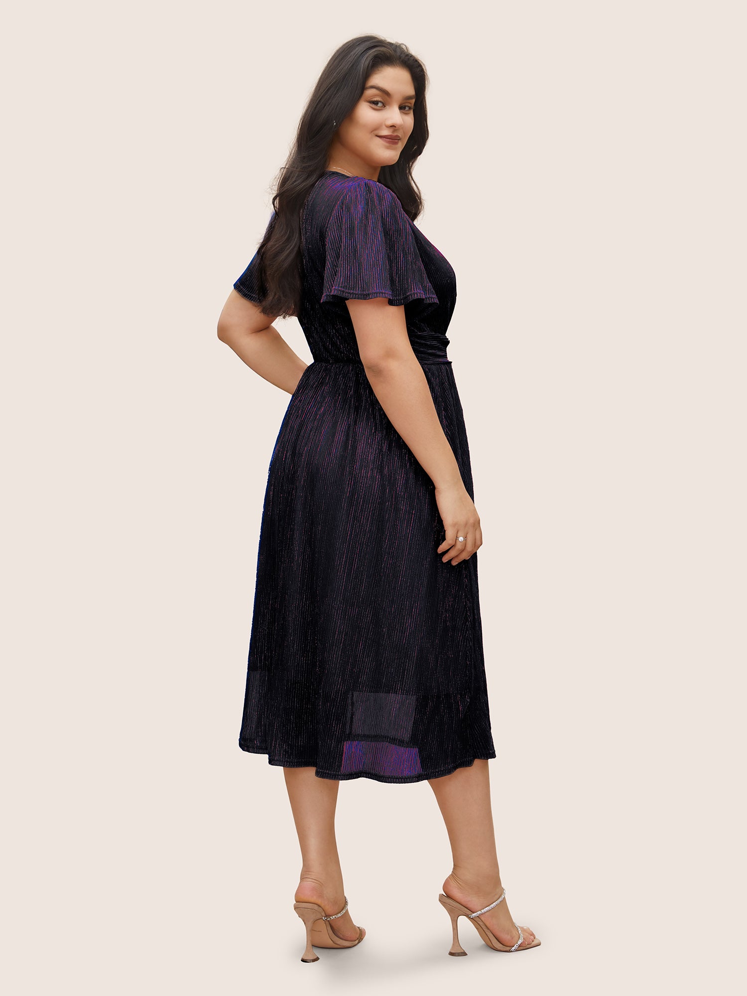 Glitter Mesh Surplice Neck Ruffle Sleeve Pocket Midi Dress