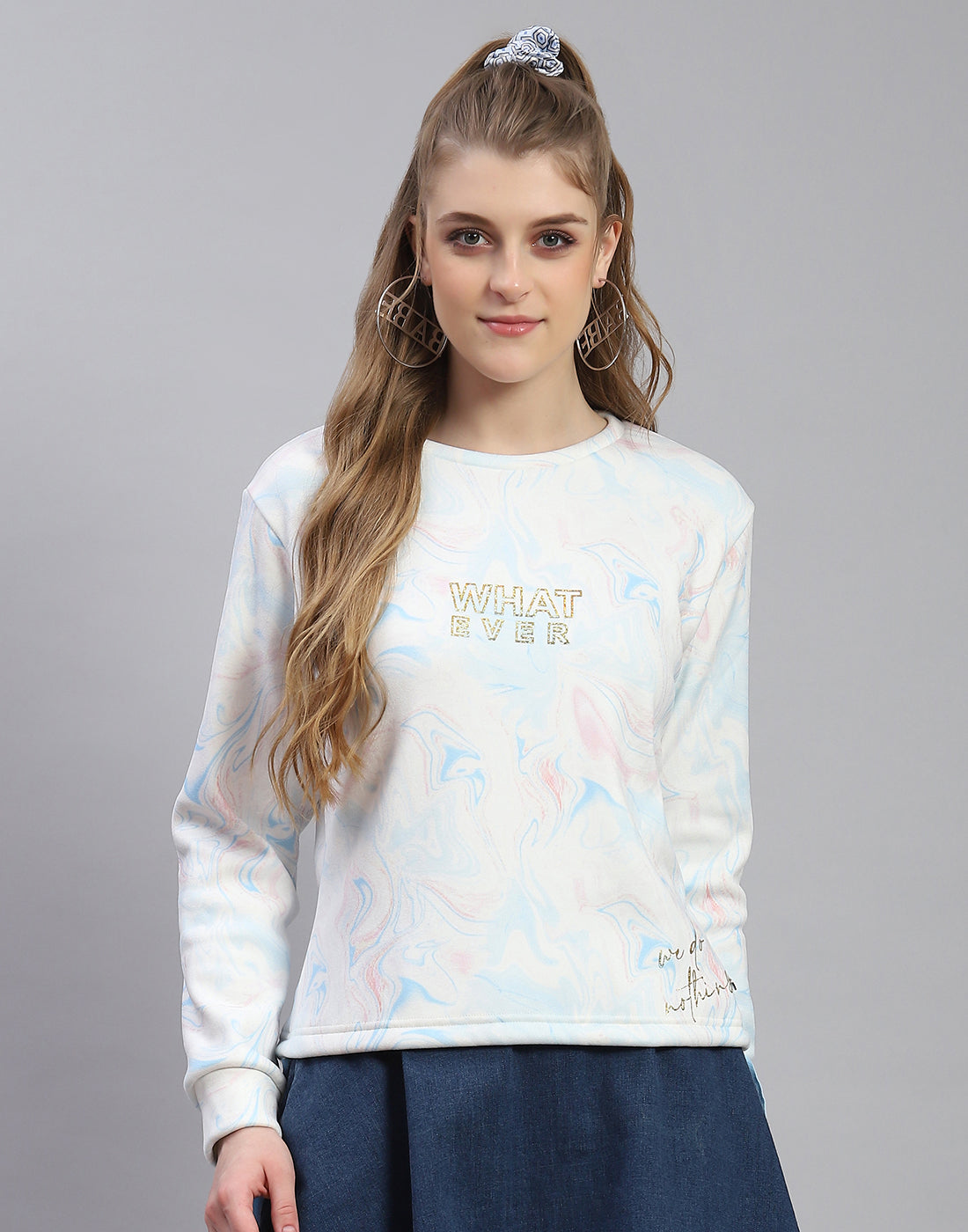 Women Turquoise Blue Printed Round Neck Full Sleeve Sweatshirt