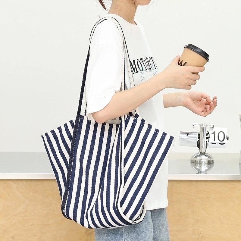 Women's Medium Canvas Stripe Streetwear Open Canvas Bag