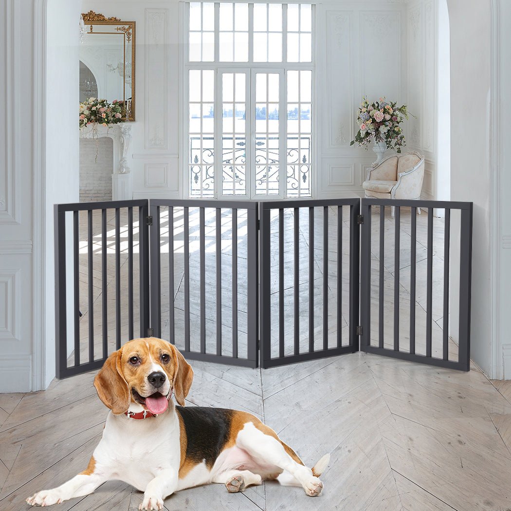 Wooden Retractable Pet Gate Dog Fence Barrier 4 Panel Grey