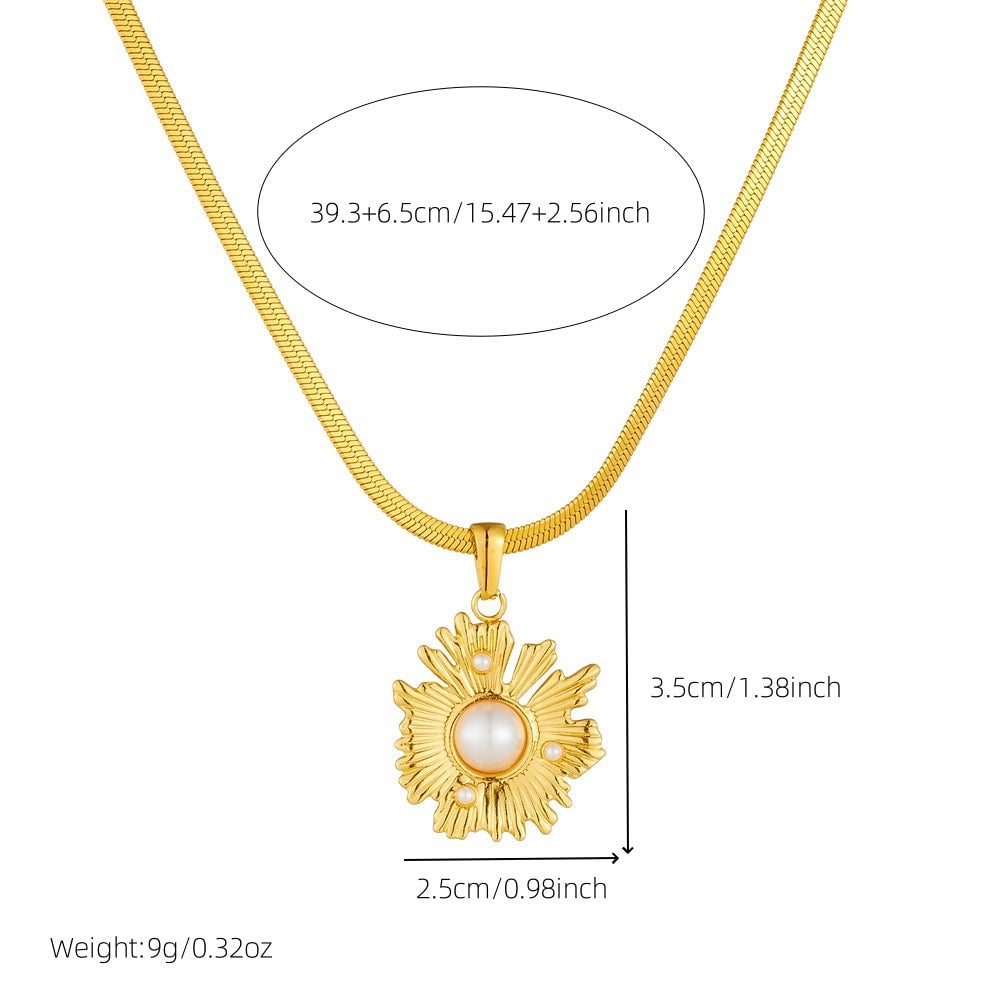 Fashion Freshwater Pearl Sunflower Gold-Plated Blade Chain Stainless Steel Pendant Irregular Personality Necklace