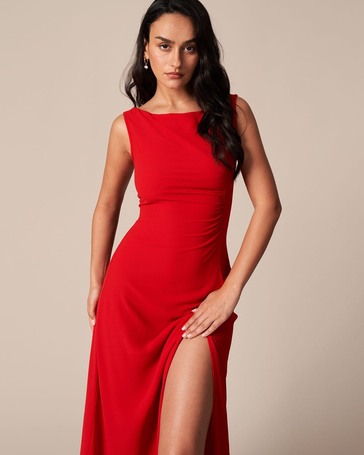 The Red Cowl Neck Cutout Ruched Maxi Dress