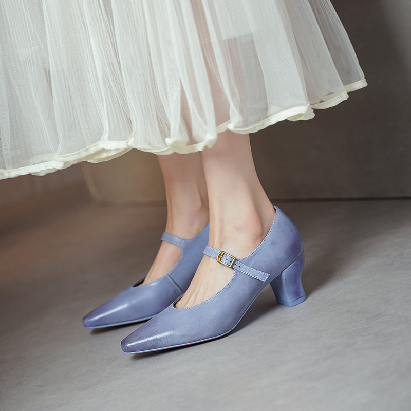 60mm Kitten Heel Point Toe Mary Jane Horsehide Pumps in Blue/Black/White