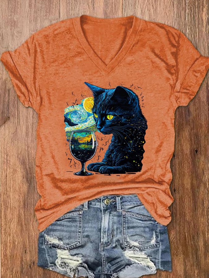 Women's Starry Night Black Cat Casual V-Neck Tee