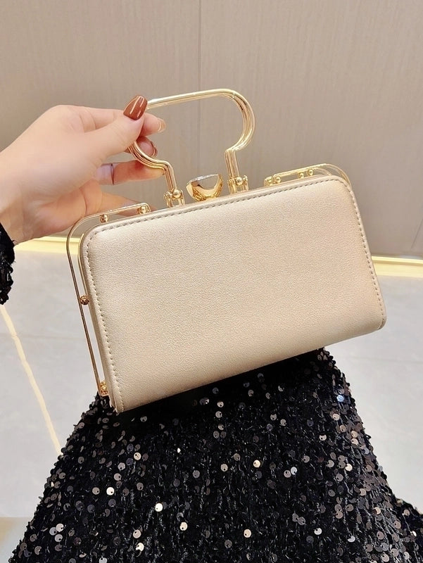 Gold Silver Black Pu Leather Solid Color Pearls Square Evening Bags