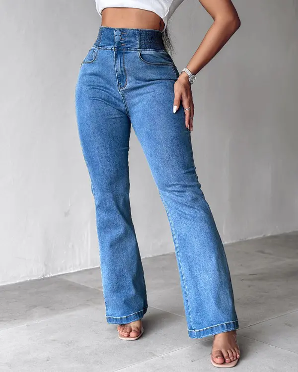 🔥Hot Sale🔥Women's Back Shirred Button Front Jeans High Waist Pants with Pockets