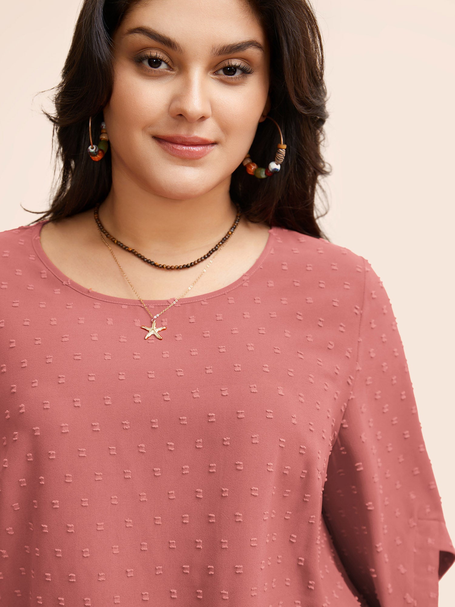 Textured Round Neck Bell Sleeve Blouse