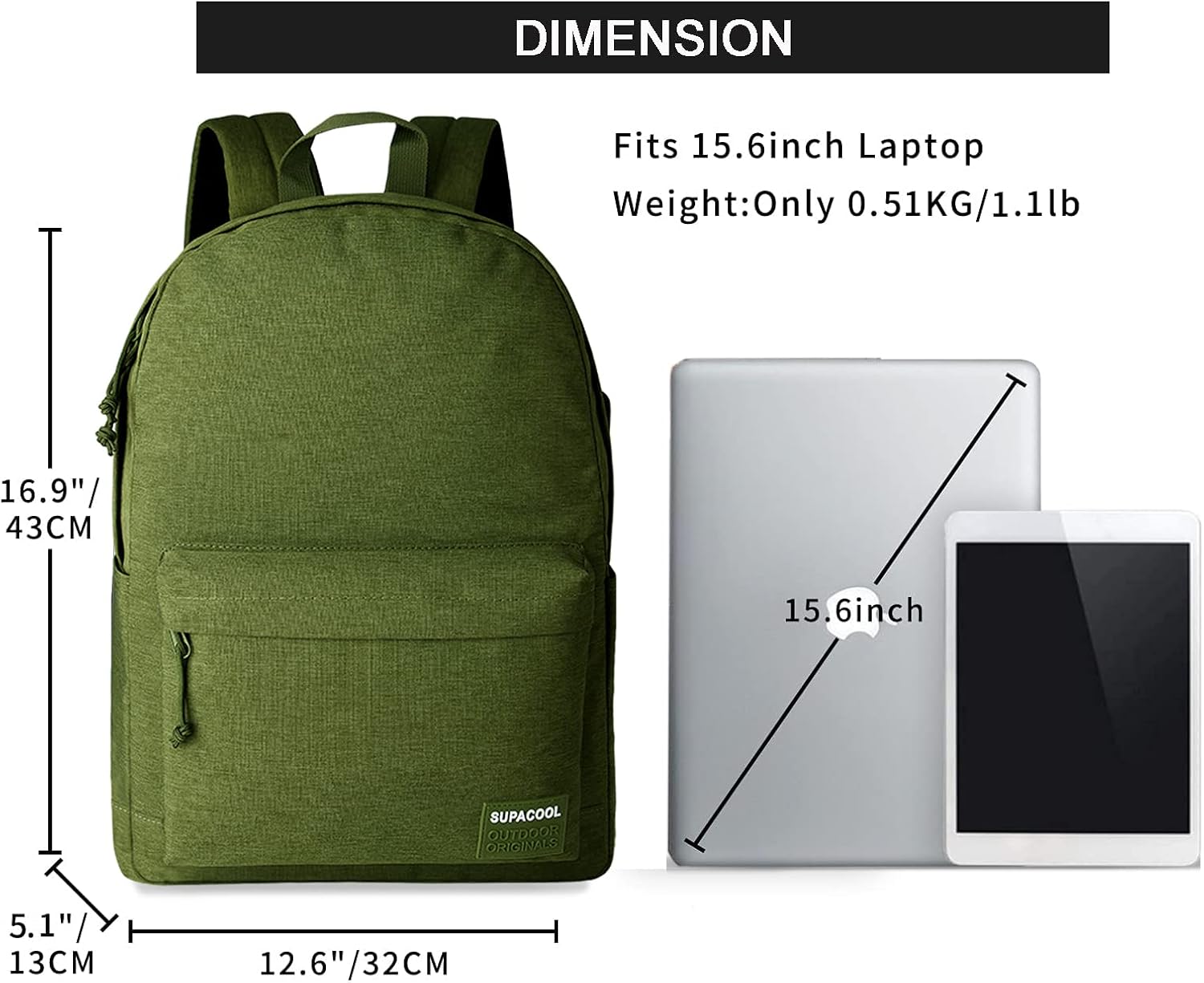 SUPACOOL Casual Laptop Backpack for Men and Women, School Backpack for Boys and Girls, College Bookbag, USB Charging Port, Lightweight Back Pack(Black)