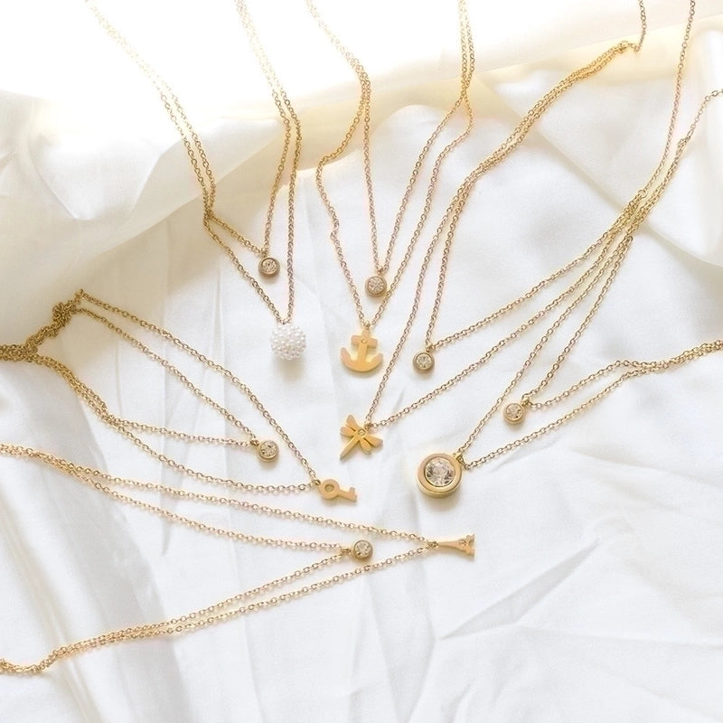 Modern Style Cross Four Leaf Clover Flower Stainless Steel Rhinestones Layered Necklaces