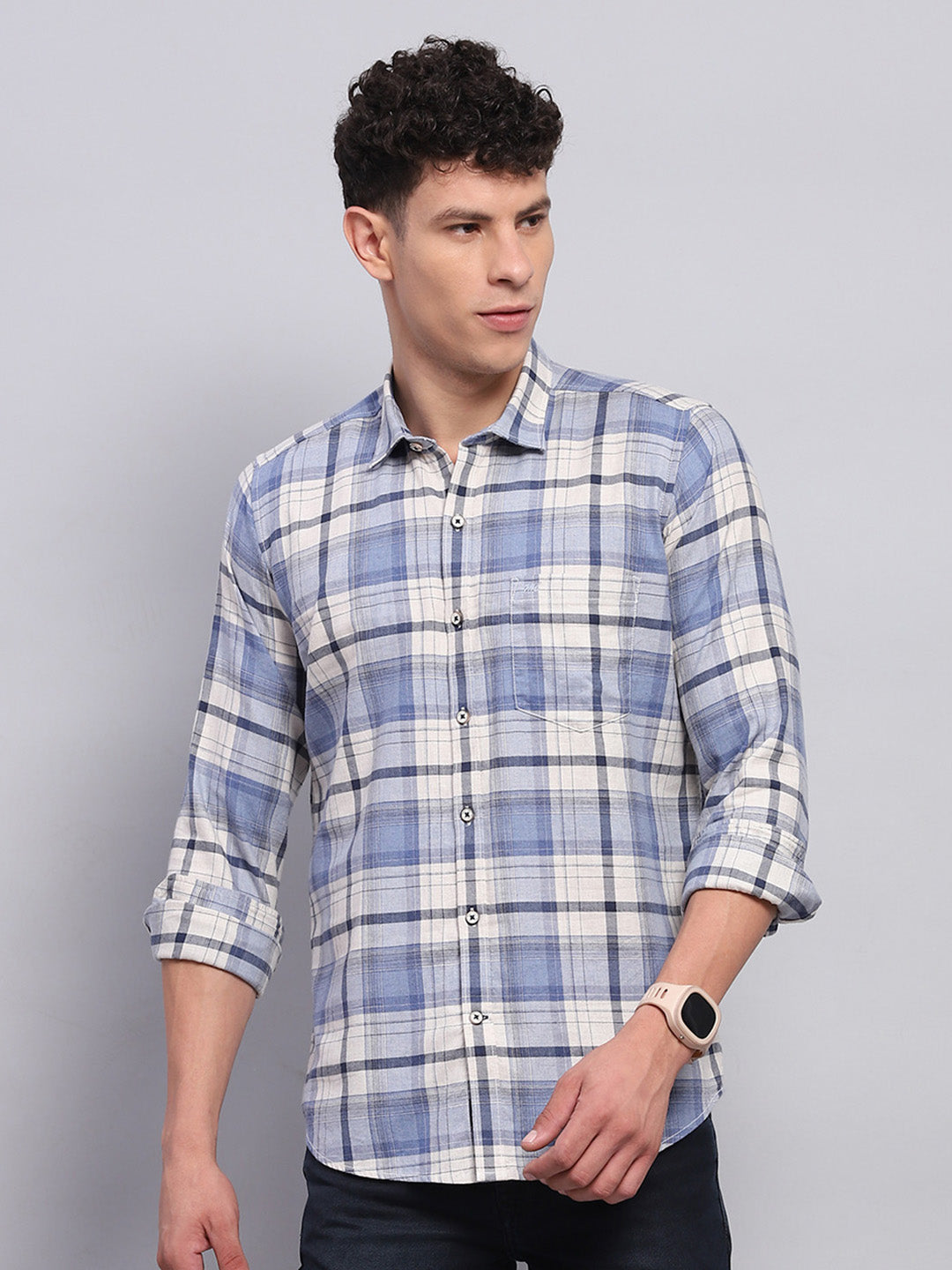 Men Blue Check Collar Full Sleeve Shirt