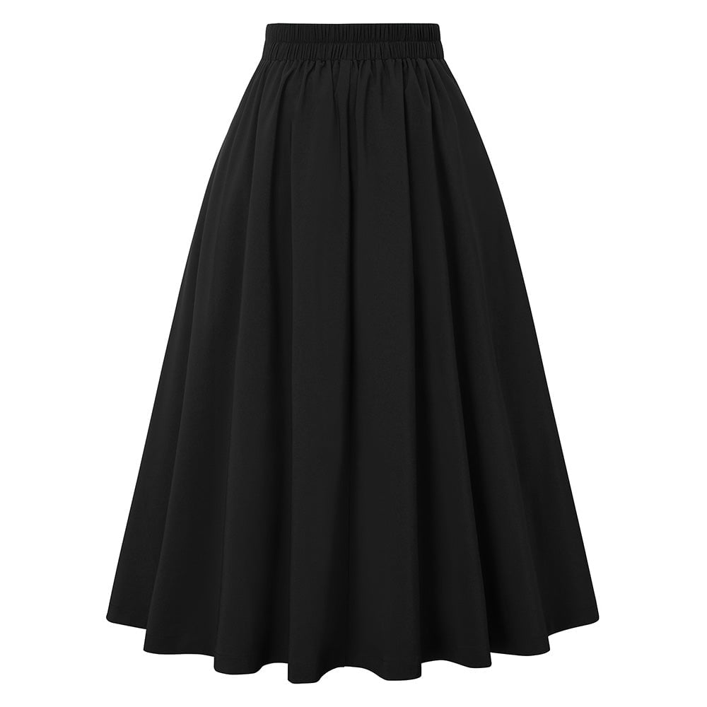 Leaf Patterns Pleated Buttons Decorated Elastic Waist High Waist Swing A-Line Skirt with Pockets