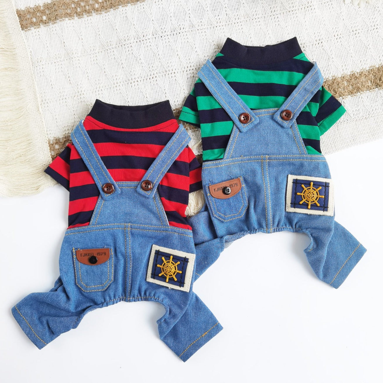 Contrast Color Striped Denim Dog Jumpsuits