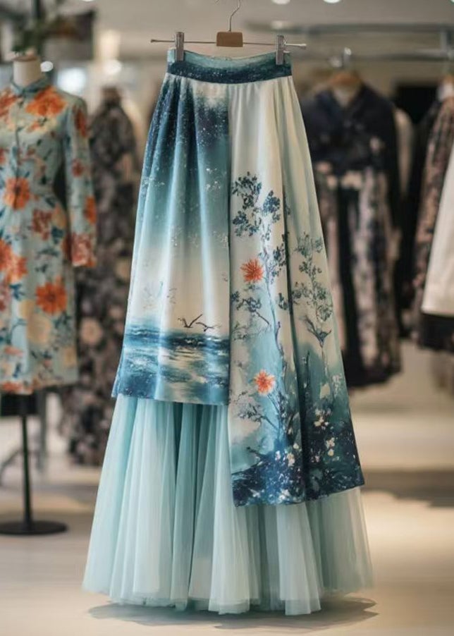 Chinese Style Blue Asymmetrical Print Tulle Patchwork Skirts Summer