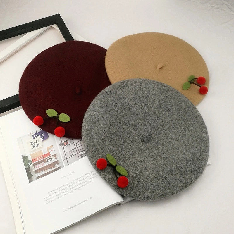 2 Pieces Women's Elegant Pastoral Cherry Eaveless Beret Hat