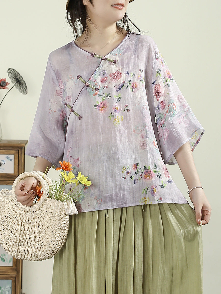 Women Summer Ethnic Flower V-Neck 100%Ramie Shirt