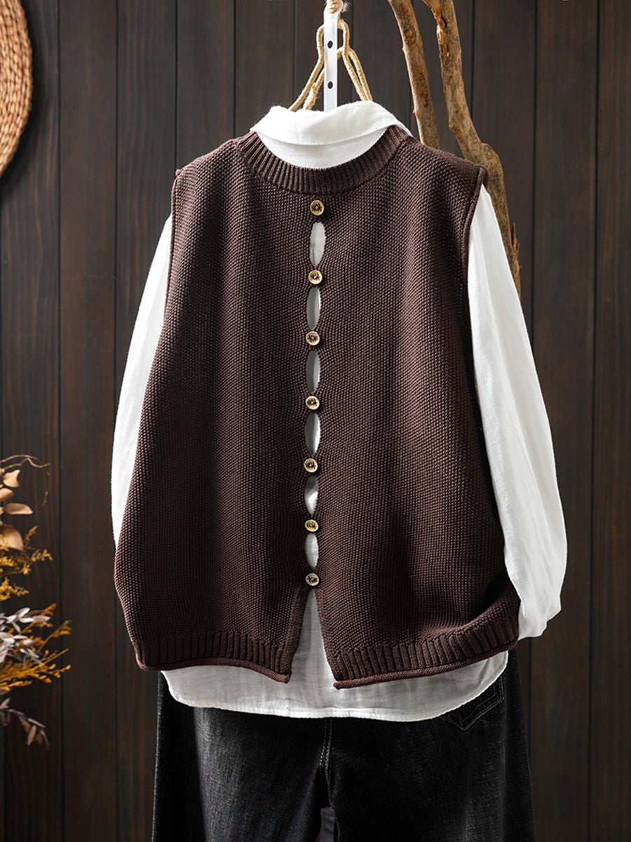 Women Vintage Pure Color Button Knit Vest