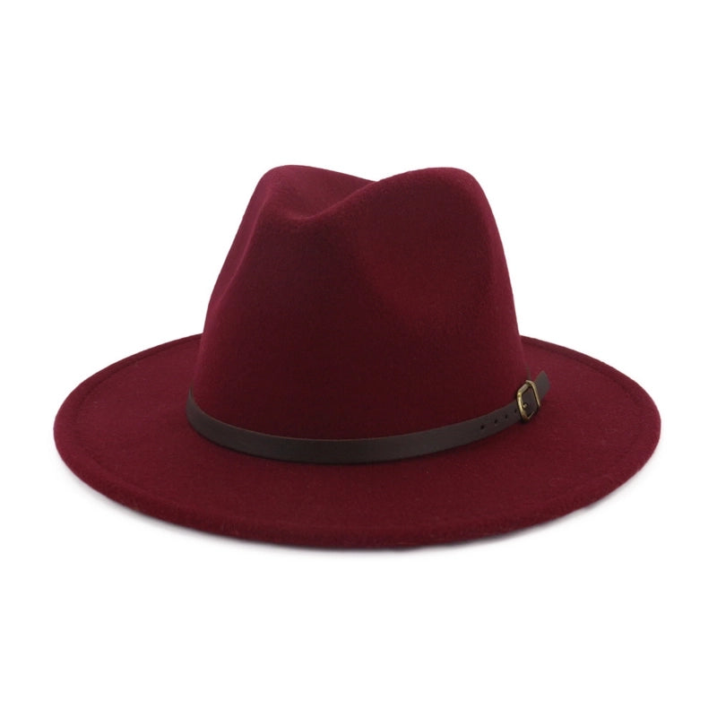 New Women's Woolen Brown Belt Buckle Top Hat Men And Women Couple Hat Flat Brim Big Brim Jazz Hat
