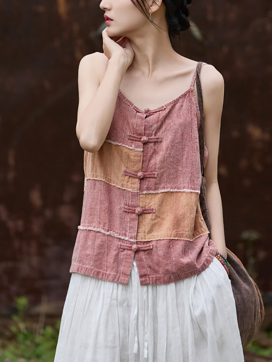 Women Summer Vintage Colorblock Spliced O-Neck Ramie Vest