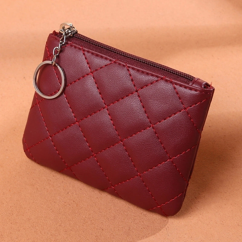 Coin Purse Women's Diamond Embroidered PU Short Mini Zipper Small Purse Solid Color Coin Card Storage Bag