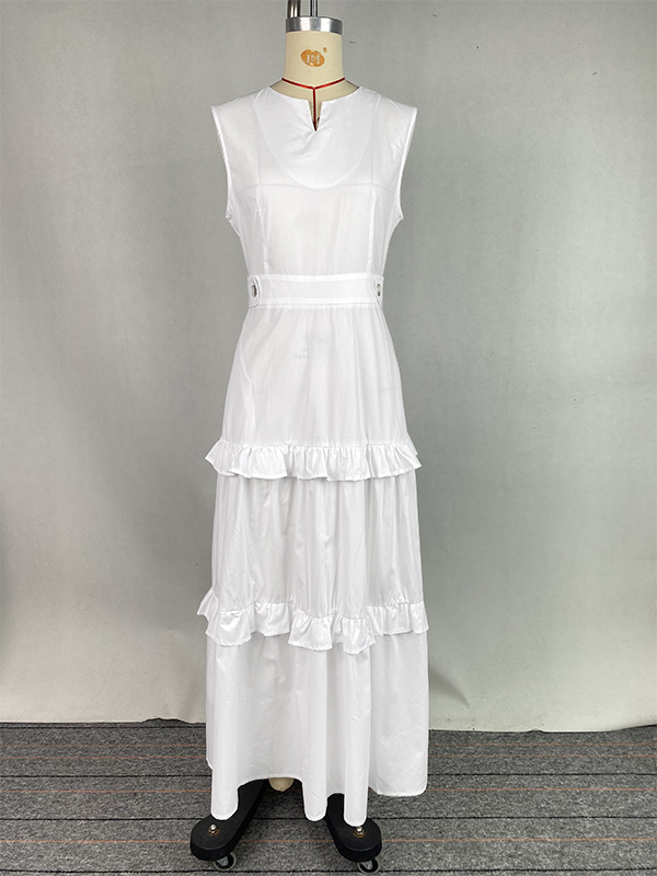 A-Line High Waisted Buttoned Pleated Pockets Solid Color Split-Joint V-Neck Maxi Dresses