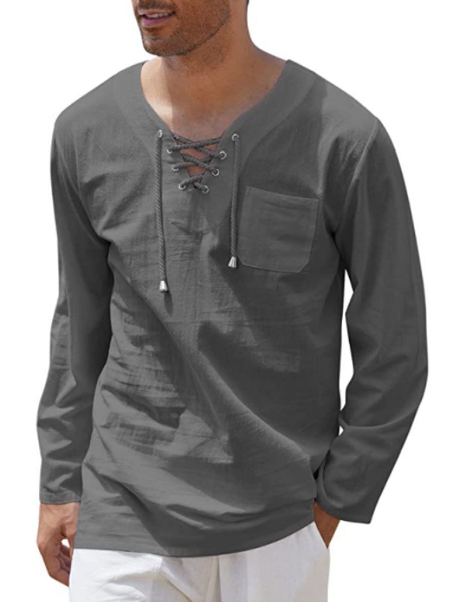 7-pack Woven Cotton And Linen Fashion Casual Lace-up V-neck Long Sleeve Shirt Top