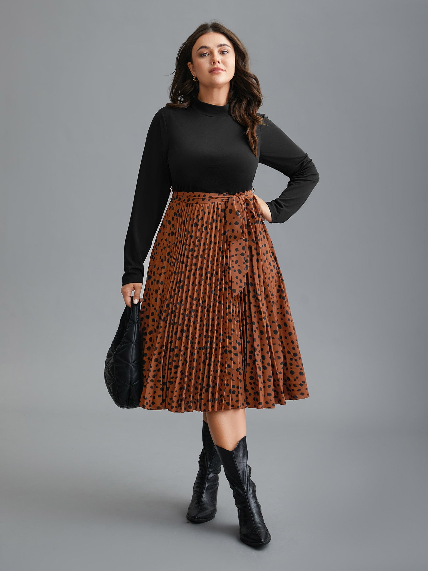 Leopard Print Pleated Mock Neck Midi Dress