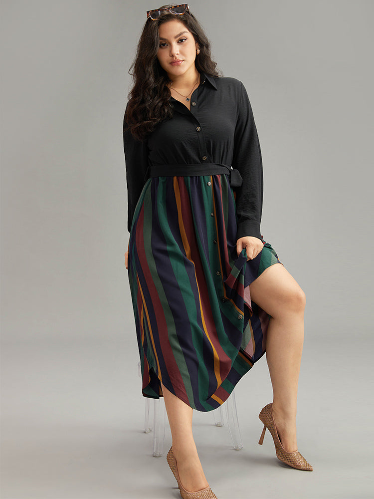 Colour Striped Patchwork Belted Button Through Dress