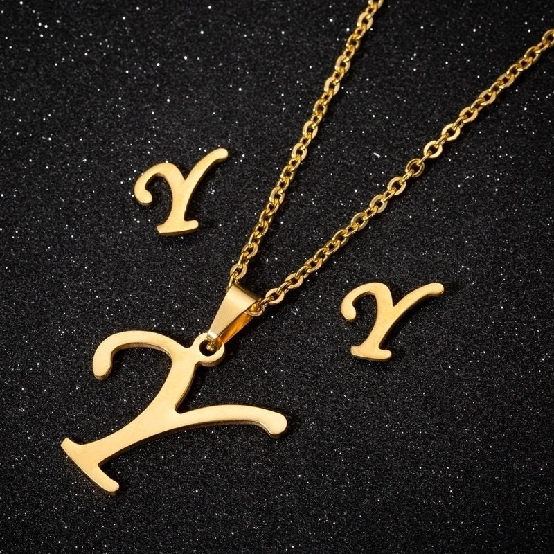 Women's Fashion Minimalist Letter Stainless Steel Pendant Necklace Ear Studs Plating Jewelry Sets