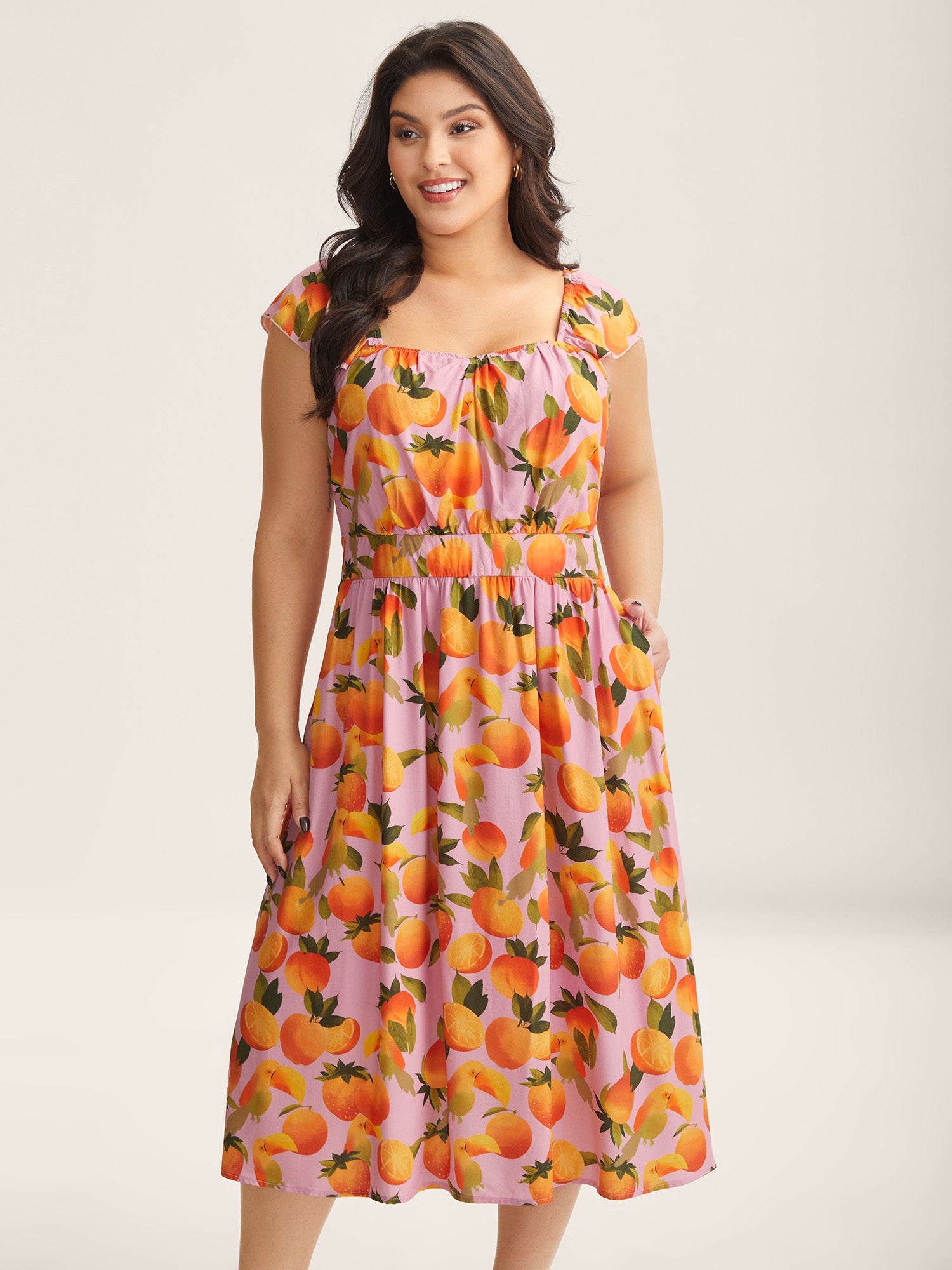 Citrus Print Pleated Sweetheart Midi Dress