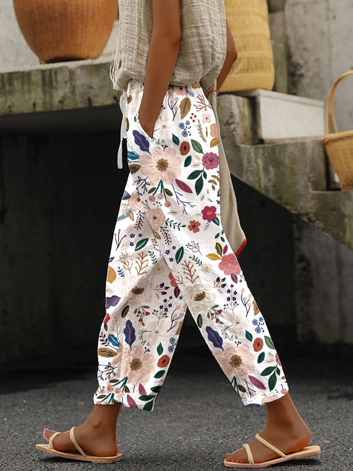 Women's Retro Botanical Floral Print Casual Pants