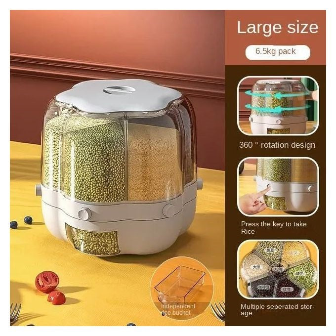 Cereal Rice Bucket Dispenser 6 Grid 360° Rotating Waterproof And Moisture-Proof Rice Storage Box For Kitchen. White