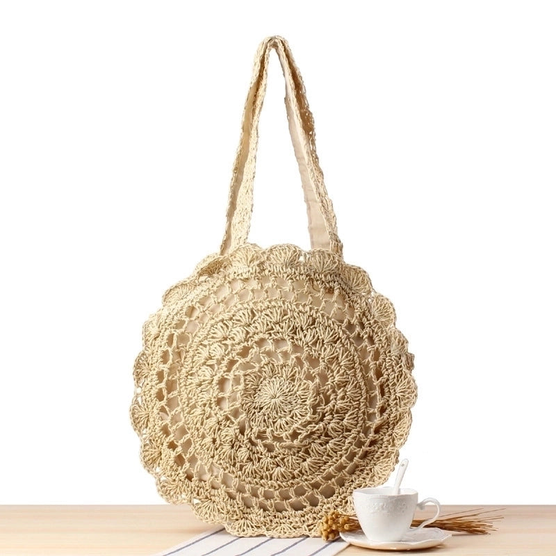 Women's Large Spring&summer Straw Solid Color Vacation Round Zipper Straw Bag