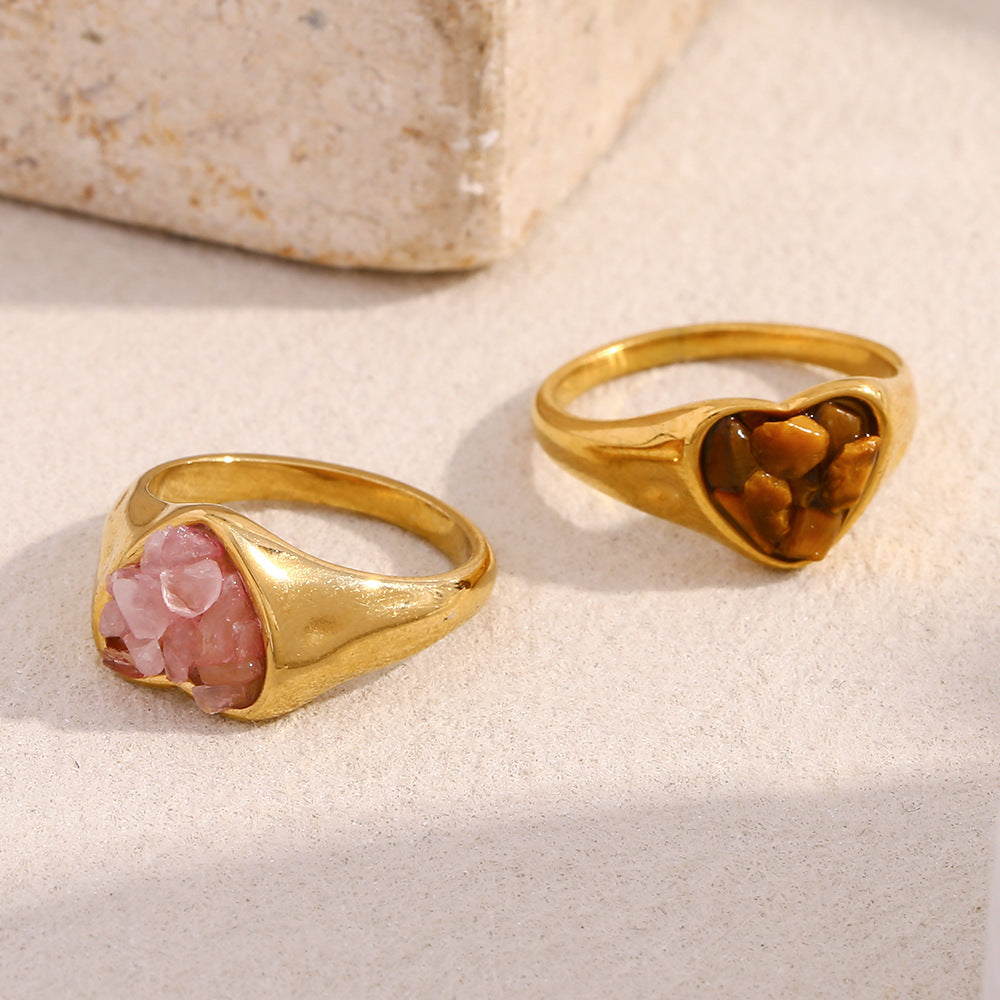 Retro Niche Hand Jewelry Stainless Steel Plated 18K Gold White Jade Gravel Adhesion Love Ring