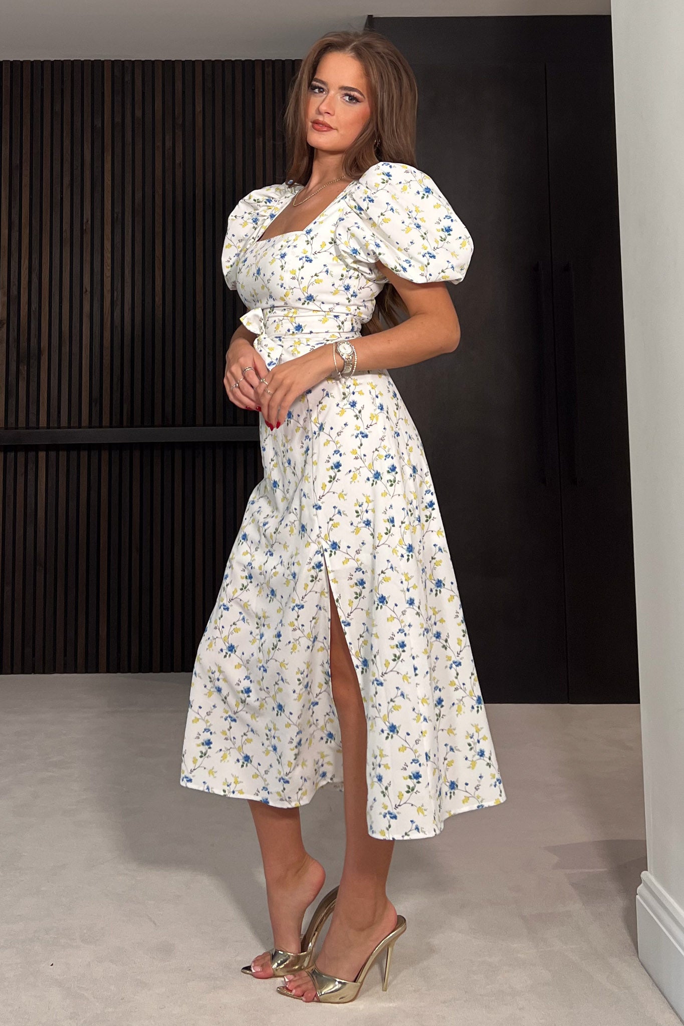Meara Square Neck Midi Dress Blue Floral