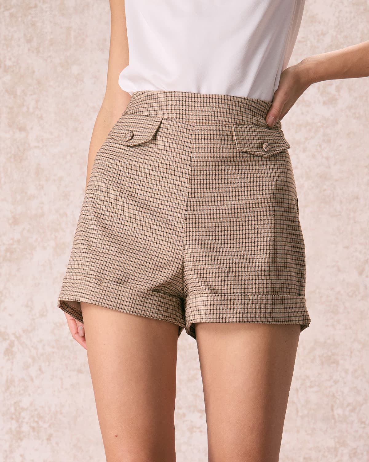 The Khaki High Waisted Plaid Cuffed Shorts